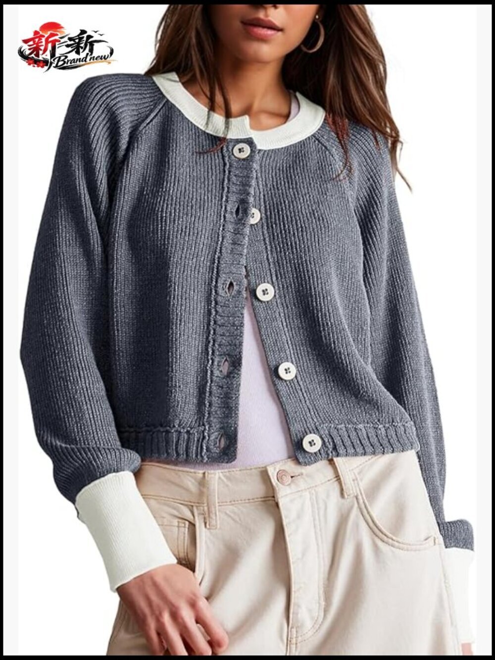 Cropped Cardigan Sweater Long Sleeve Open Front Button Down Color Block Knit